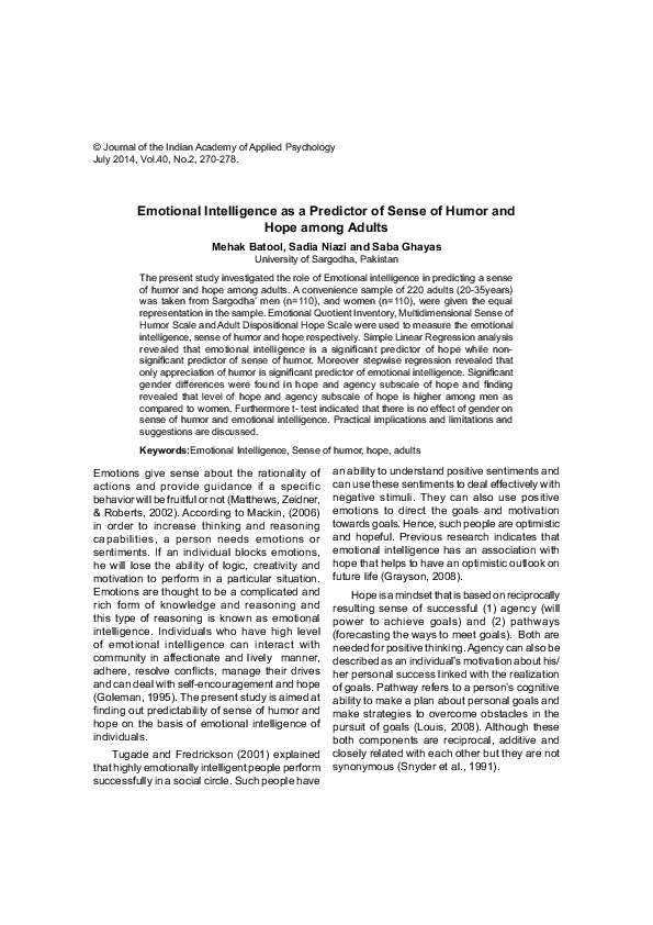 (PDF) Emotional Intelligence as a Predictor of Sense of Humor and Hope ...