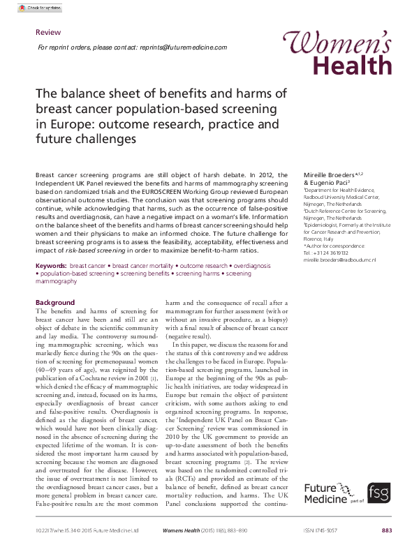 (PDF) The balance sheet of benefits and harms of breast cancer ...