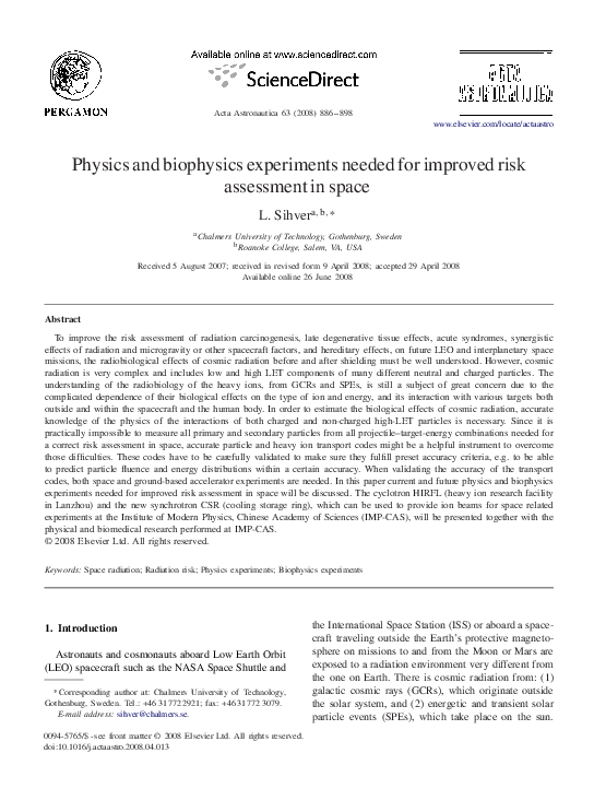 (PDF) Physics and biophysics experiments needed for improved risk ...