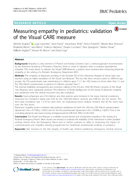 (PDF) Measuring empathy in pediatrics: validation of the Visual CARE ...