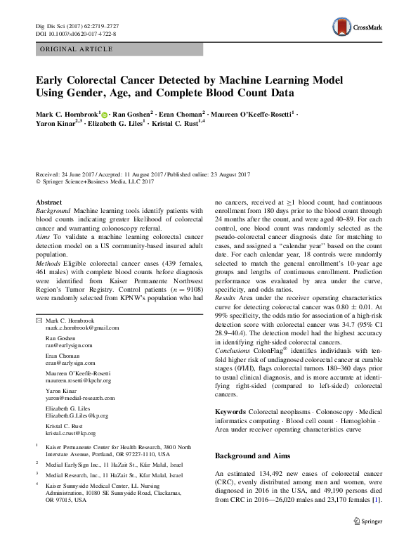 (PDF) Early Colorectal Cancer Detected by Machine Learning Model Using ...