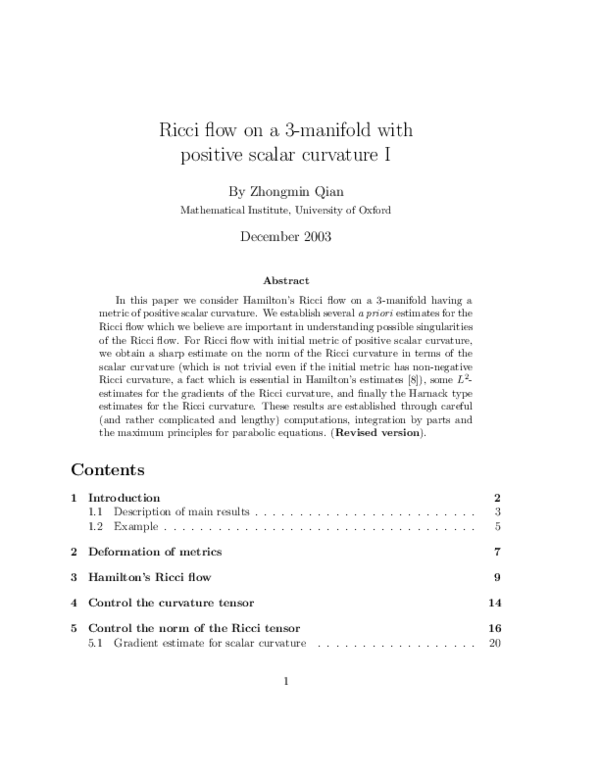 (PDF) Ricci flow on a 3-manifold with positive scalar curvature