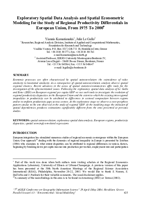 (PDF) Exploratory Spatial Data Analysis and Spatial Econometric ...