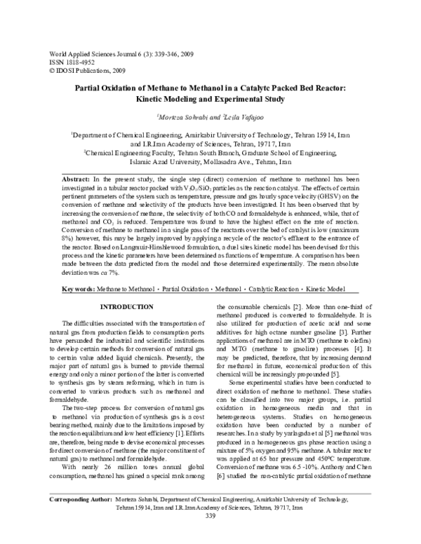 (PDF) Partial Oxidation of Methane to Methanol in a Catalytc Packed Bed ...
