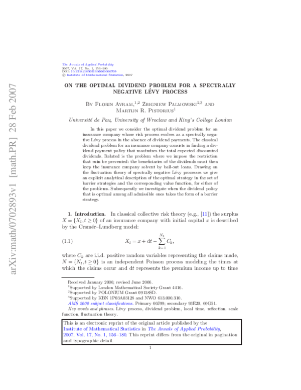 (PDF) On the optimal dividend problem for a spectrally negative Lévy ...