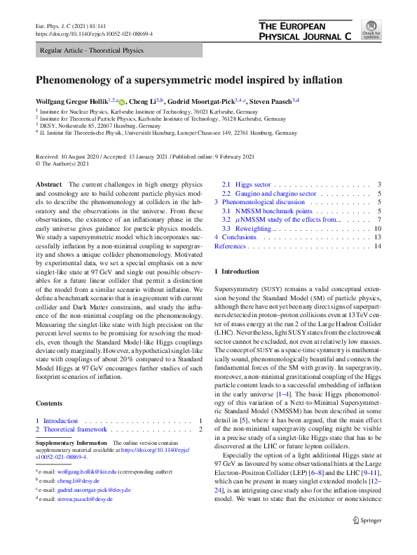 (PDF) Phenomenology of a supersymmetric model inspired by inflation