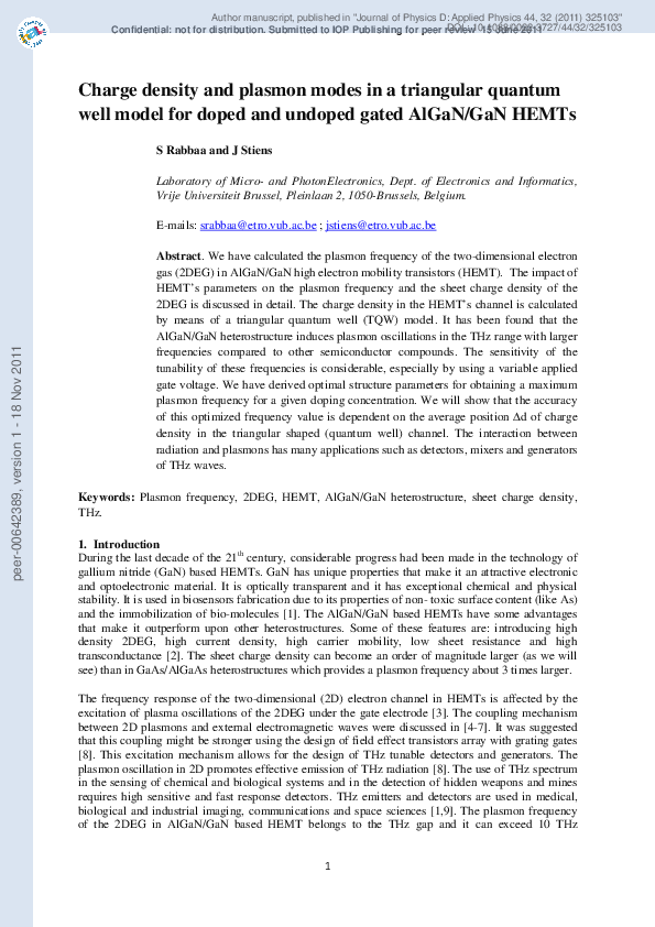 (PDF) Charge density and plasmon modes in a triangular quantum well ...
