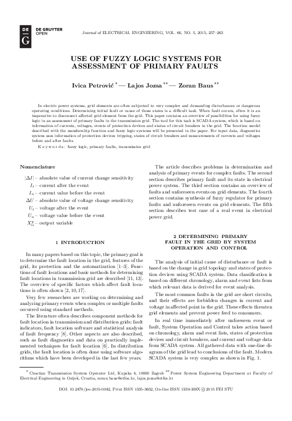 (PDF) Use of Fuzzy Logic Systems for Assessment of Primary Faults