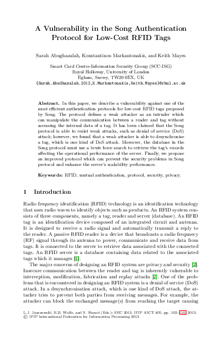 (PDF) A Vulnerability in the Song Authentication Protocol for Low-Cost ...