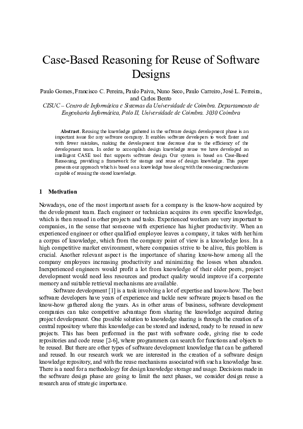 (PDF) Case-Based Reasoning for Reuse of Software Designs