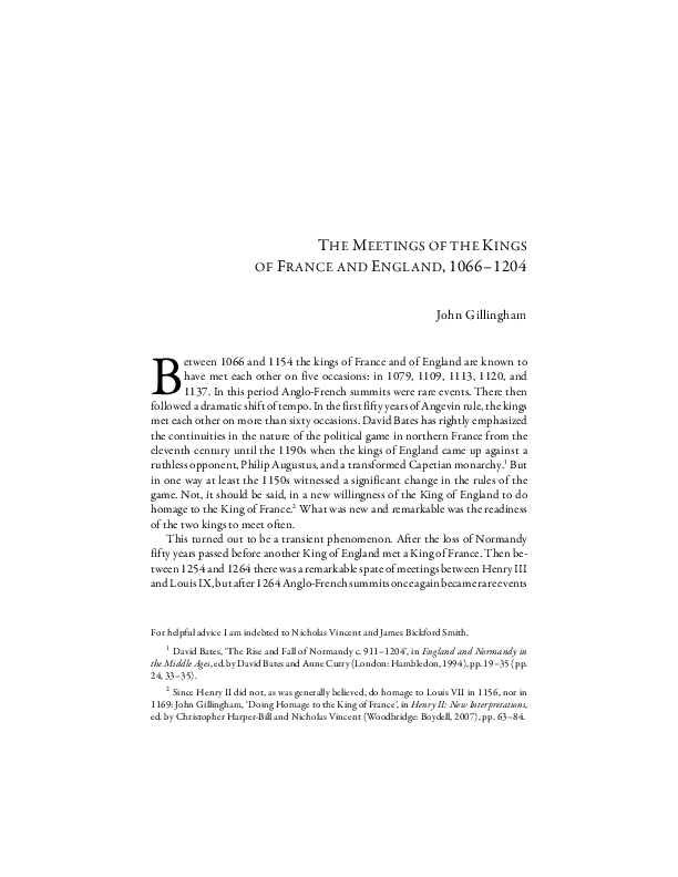 The Meetings of the Kings of France and England, 1066-1204 in eds. David Crouch and Kathleeen Thompson, Normandy and its Neighbours, 900-1250. Essays for David Bates