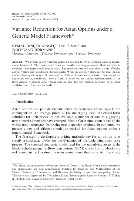 (PDF) Variance Reduction for Asian Options under a General Model Framework