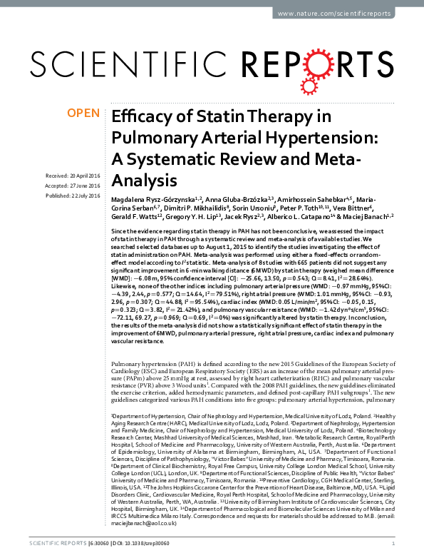 (PDF) Efficacy of Statin Therapy in Pulmonary Arterial Hypertension: A ...