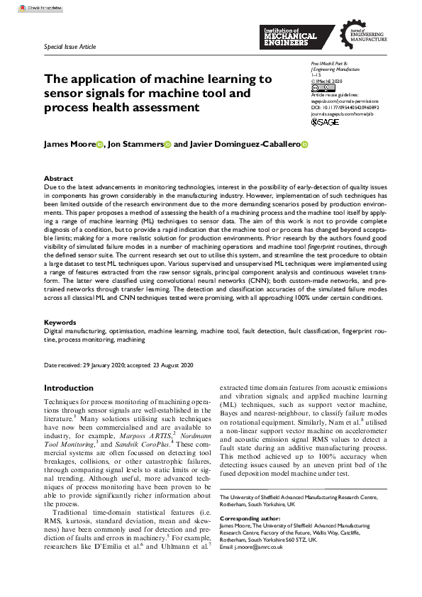 (PDF) The application of machine learning to sensor signals for machine ...