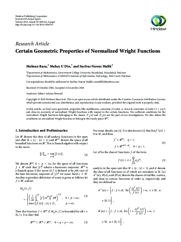 (PDF) Certain Geometric Properties of Normalized Wright Functions