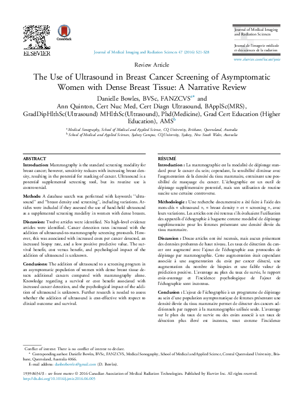 (PDF) The Use of Ultrasound in Breast Cancer Screening of Asymptomatic ...