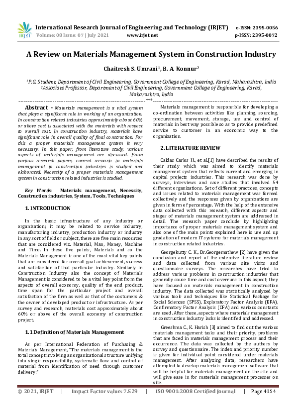 (PDF) IRJET- A Review on Materials Management System in Construction ...