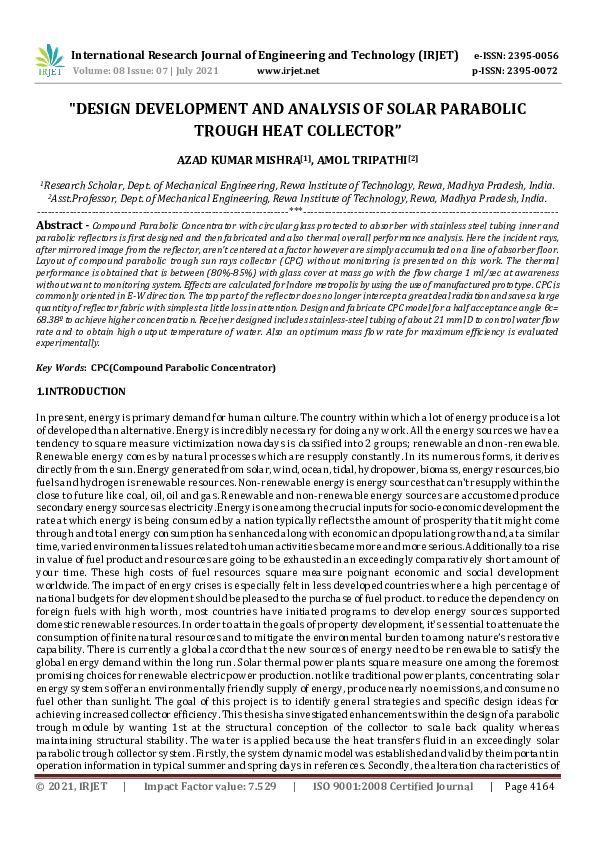 (PDF) IRJET- "DESIGN DEVELOPMENT AND ANALYSIS OF SOLAR PARABOLIC TROUGH ...