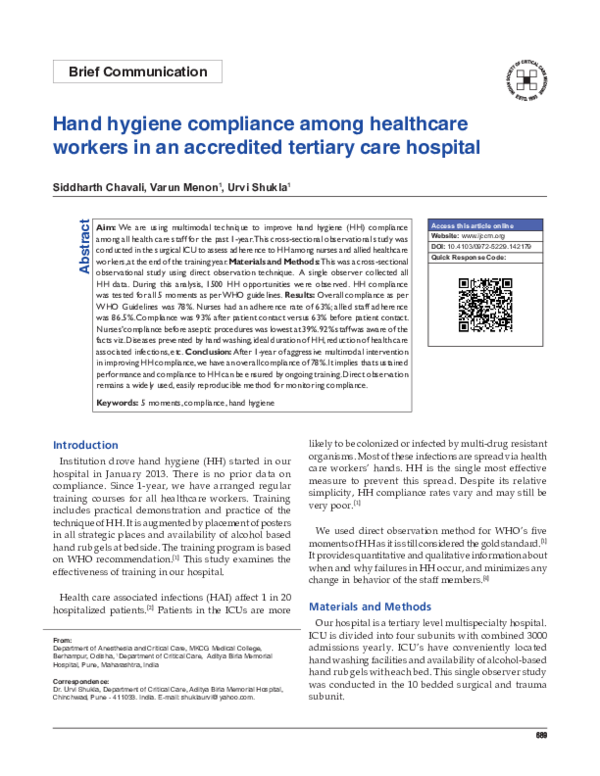 (PDF) Hand hygiene compliance among healthcare workers in an accredited ...