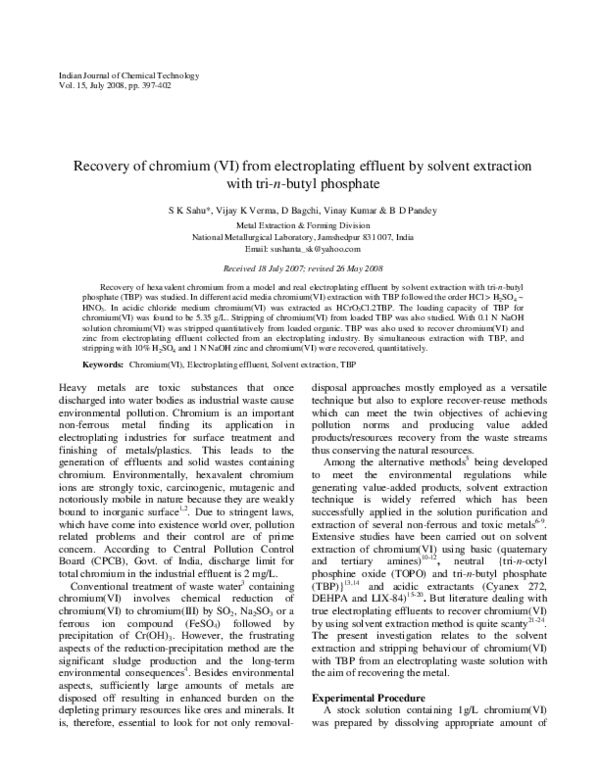 (PDF) Recovery of chromium (VI) from electroplating effluent by solvent ...