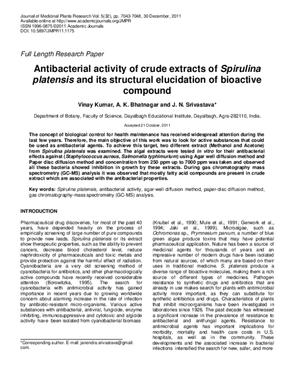 (PDF) Antibacterial activity of crude extracts of Spirulina platensis ...