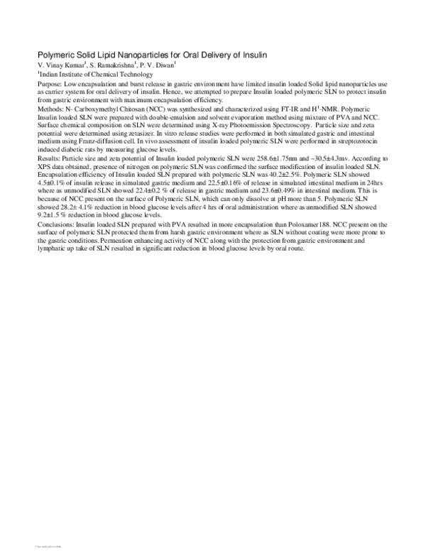 (PDF) Polymeric Solid Lipid Nanoparticles for Oral Delivery of Insulin