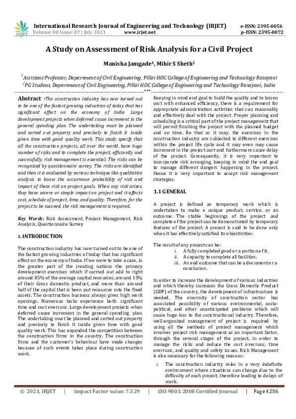 (PDF) IRJET- A Study on Assessment of Risk Analysis for a Civil Project
