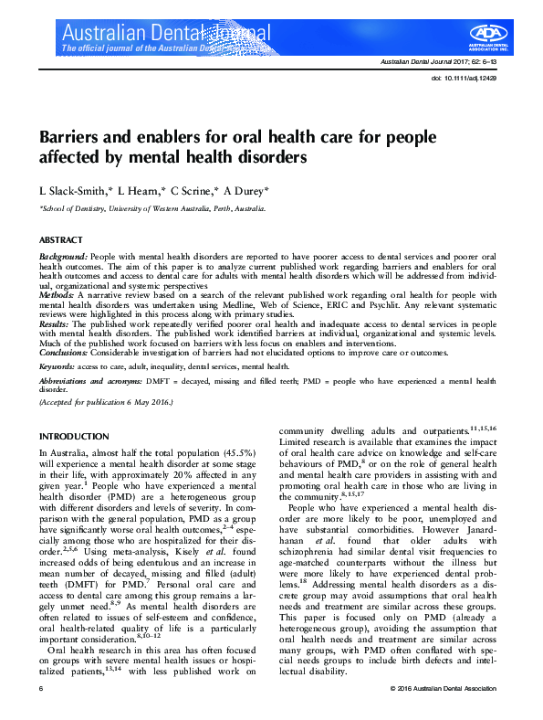 (PDF) Barriers and enablers for oral health care for people affected by ...