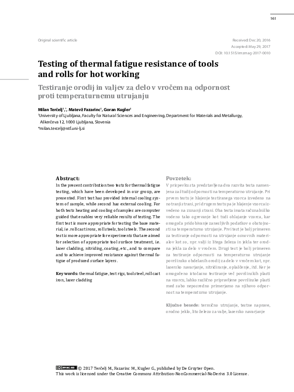 (PDF) Testing of thermal fatigue resistance of tools and rolls for hot ...