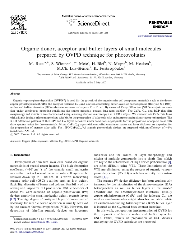 (PDF) Organic donor, acceptor and buffer layers of small molecules ...
