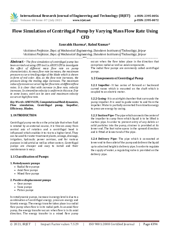 (PDF) Flow Simulation of Centrifugal Pump by Varying Mass Flow Rate ...