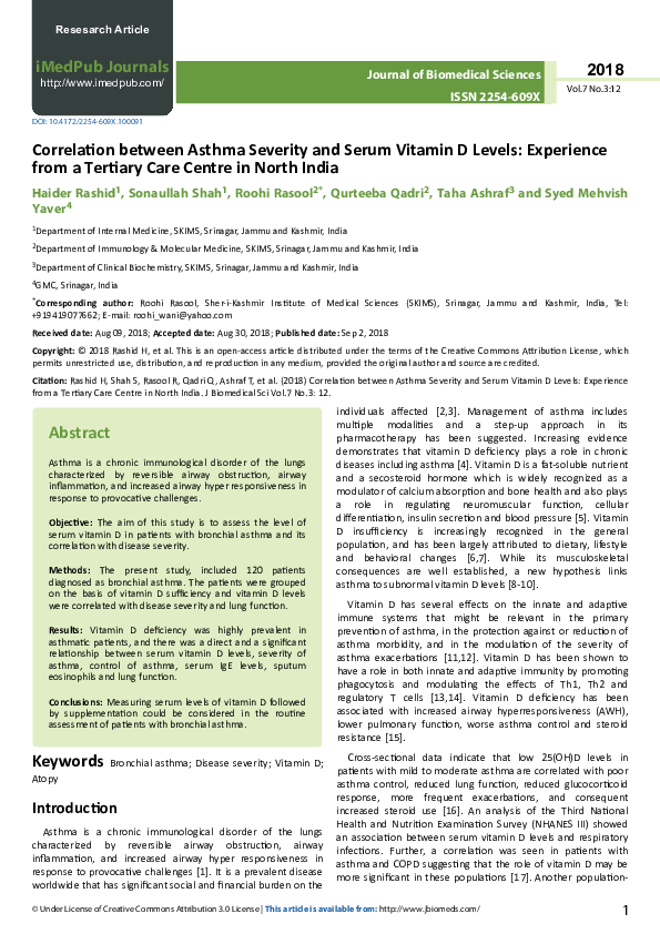 (PDF) Correlation between Asthma Severity and Serum Vitamin D Levels ...