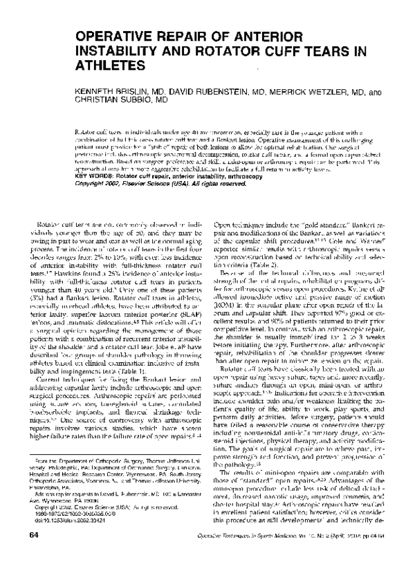 (PDF) Operative repair of anterior instability and rotator cuff tears ...