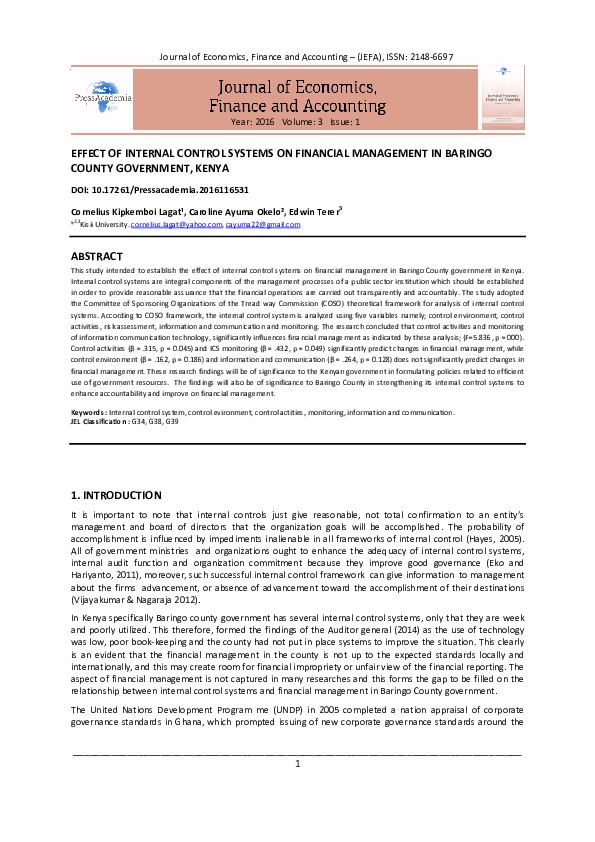 (PDF) Effect of internal control systems on financial management in ...