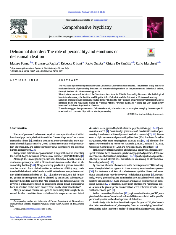 (PDF) Delusional disorder: The role of personality and emotions on ...