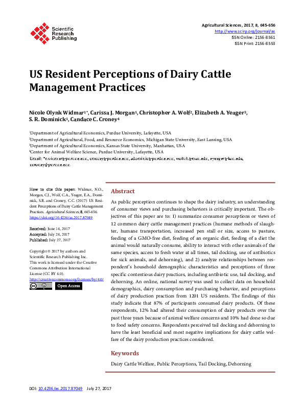 (PDF) US Resident Perceptions of Dairy Cattle Management Practices