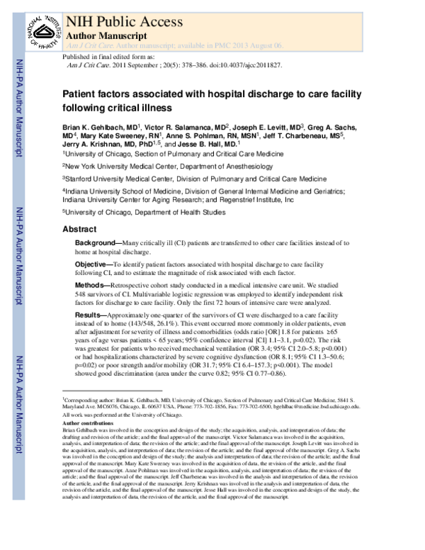 (PDF) Patient-Related Factors Associated With Hospital Discharge to a ...