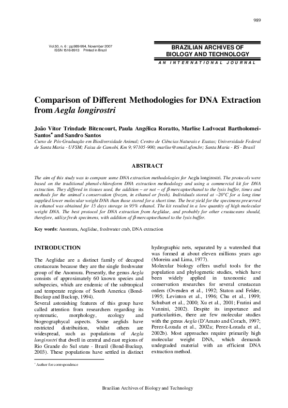 (PDF) Comparison of different methodologies for DNA extraction from ...