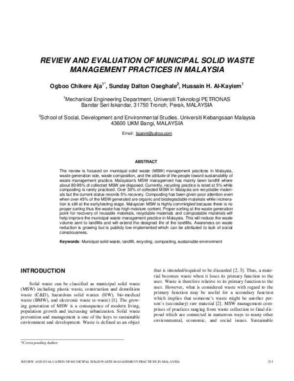 (PDF) Review and Evaluation of Municipal Solid Waste Management ...