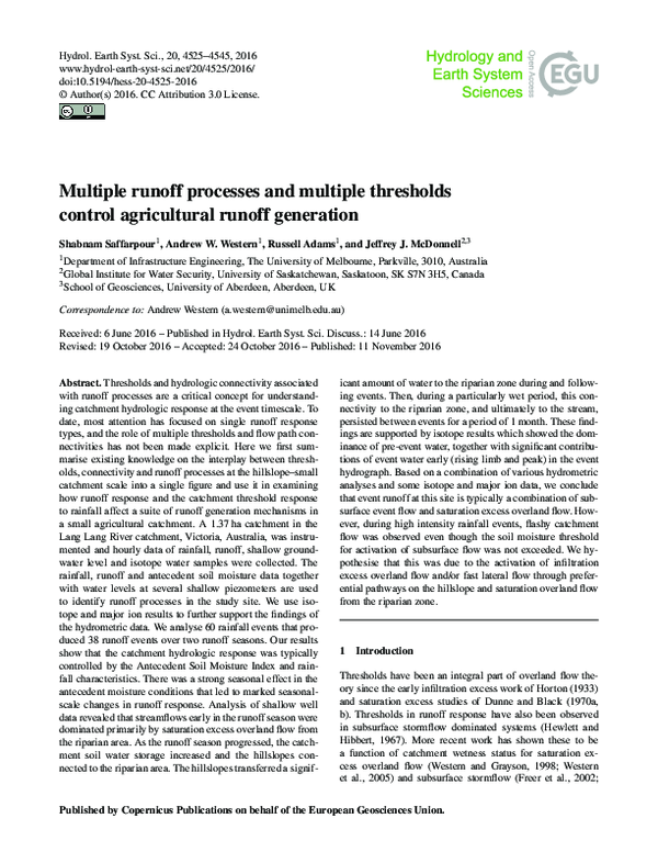 (PDF) Multiple runoff processes and multiple thresholds control ...
