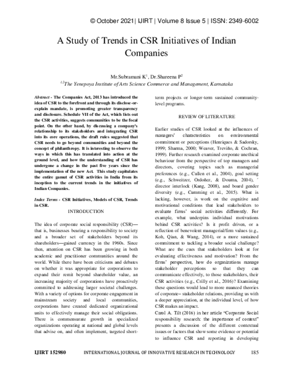 (PDF) A Study of Trends in CSR Initiatives of Indian Companies