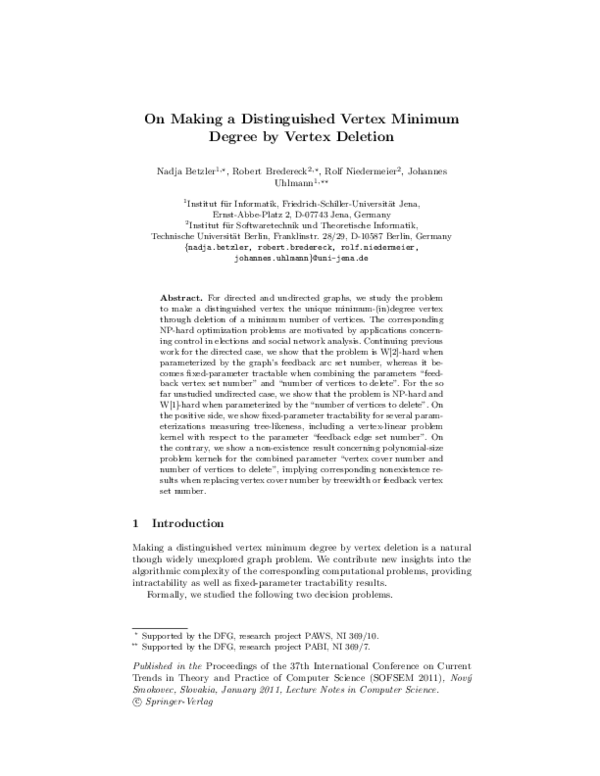 (PDF) On Making a Distinguished Vertex of Minimum Degree by Vertex Deletion