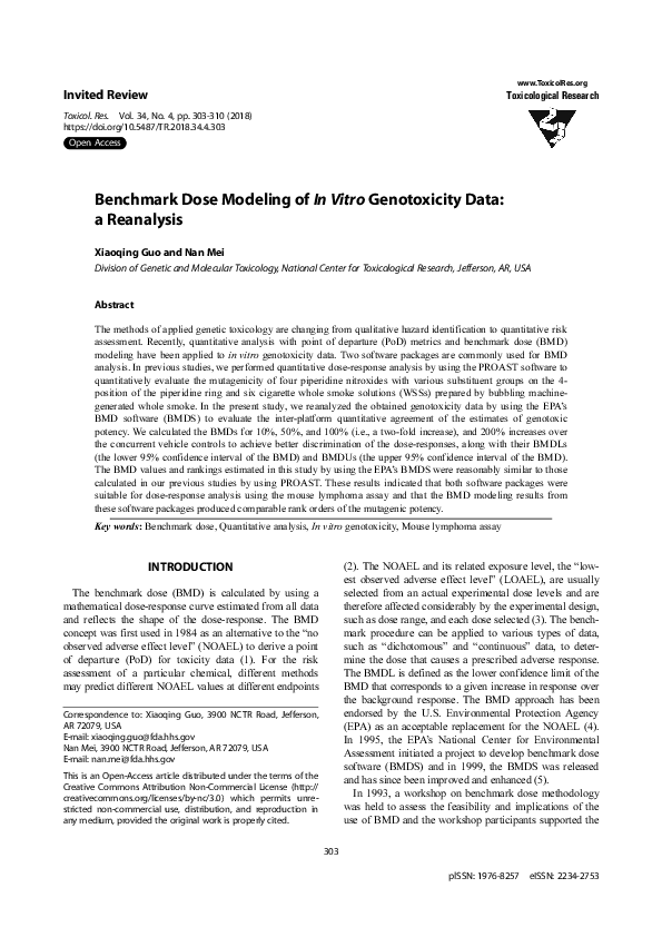 (PDF) Benchmark Dose Modeling of In Vitro Genotoxicity Data: a Reanalysis
