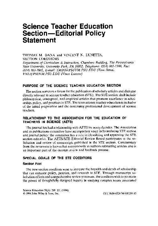 (PDF) Science teacher education section—editorial policy statement