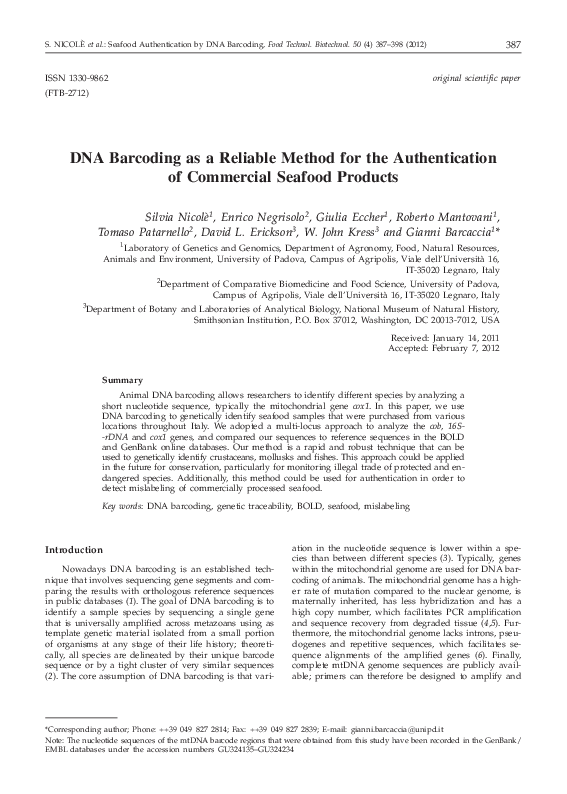 (PDF) DNA Barcoding as a Reliable Method for the Authentication of ...