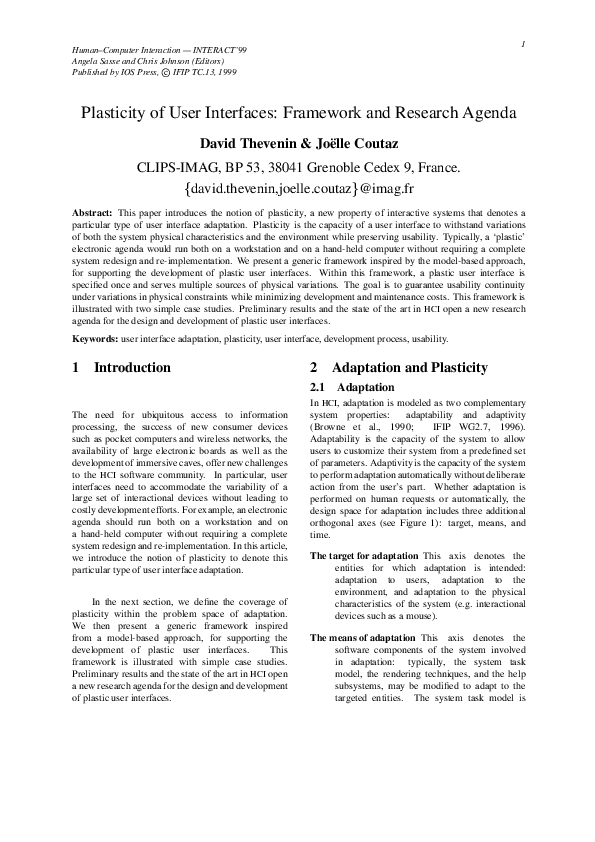 (PDF) Plasticity of User Interfaces: Framework and Research Agenda