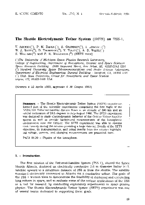 (PDF) The Shuttle Electrodynamic Tether System (SETS) on TSS-1