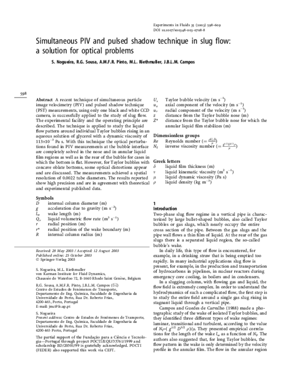 (PDF) Simultaneous PIV and pulsed shadow technique in slug flow: a ...