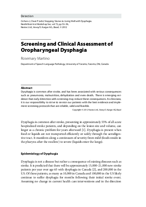 (PDF) Screening and clinical assessment of oropharyngeal dysphagia