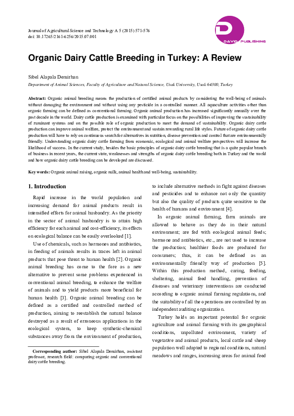 (PDF) Organic Dairy Cattle Breeding in Turkey A Review Sibel Alapala